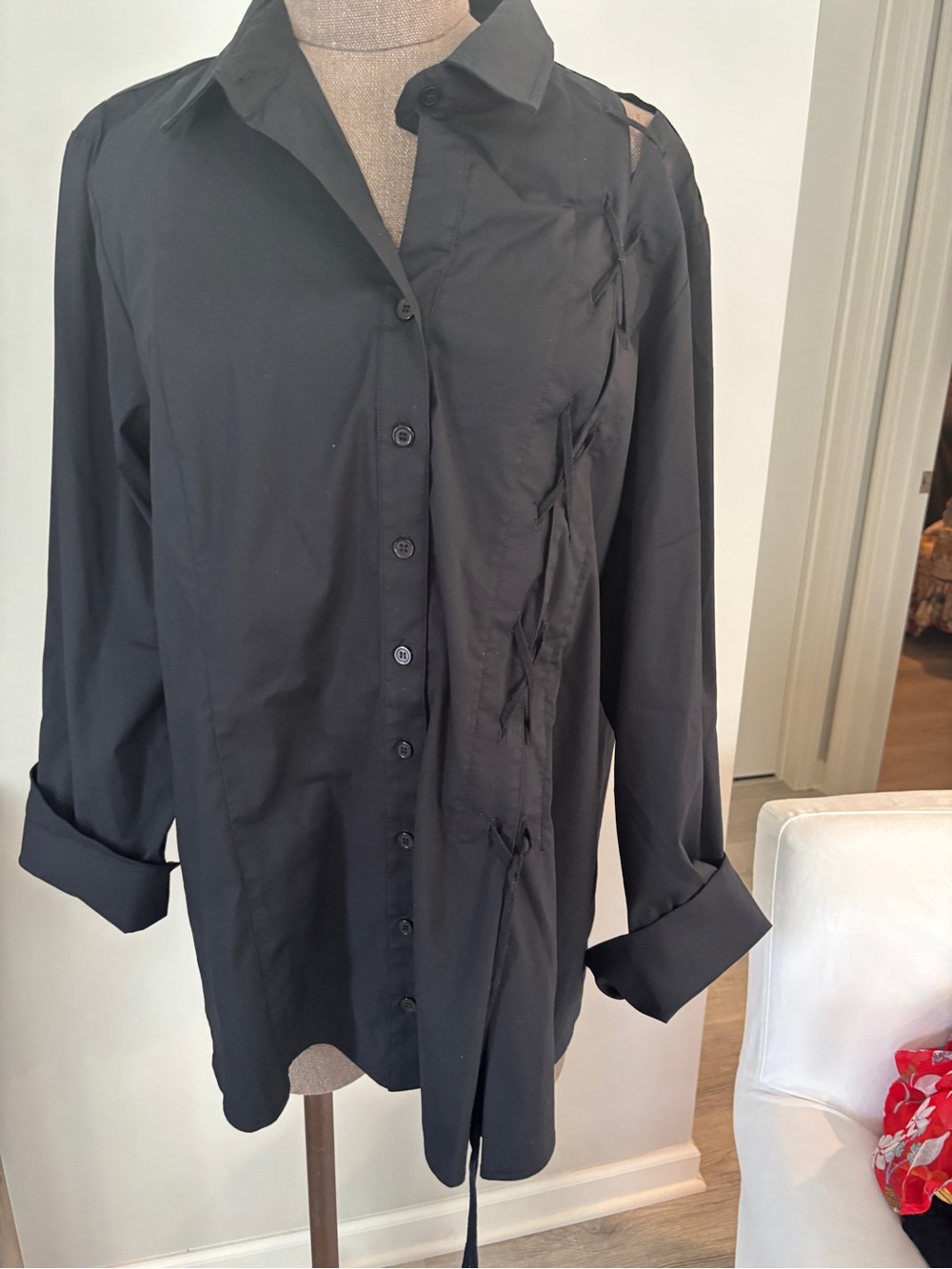 Finley Button Down Black Blouse with lacing along side 2x